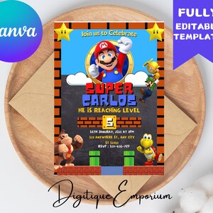Convite de aniversário de Super Mario | Convite de aniversário | Convite Super Mário | Modelo editável e imprimível de convite de aniversário do Mario