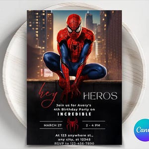 編集可能なスパイダーマンの誕生日招待状テンプレート、スパイダーマンカード、スパイダーマンの誕生日招待状、素晴らしい友達の招待状、スパイダーマンの招待状