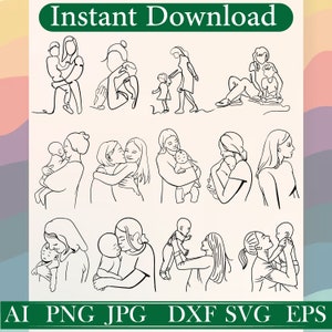母親の線画 SVG \ 線画 SVG \ 母と子の SVG \ 赤ちゃんにキスをするお母さんのアート \ 女の赤ちゃんの線画 \ 抱擁の SVG \ 新生児の線画