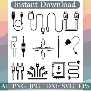 Könnte beinhalten: Ein Satz von 10 schwarz-weißen Symbolen, die verschiedene Arten von Kabeln und Steckern darstellen. Die Symbole umfassen USB-, HDMI-, Audio- und Stromkabel.