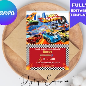 Sjabloon bewerkbare Hot Cars verjaardagsuitnodiging, afdrukbare Boy Car Race verjaardagsfeestje uitnodiging Hot Wheels verjaardagsuitnodiging digitale download