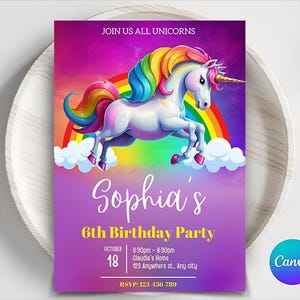 Modello di invito di compleanno unicorno modificabile, invito per festa magica stampabile, invito di compleanno unicorno dorato pastello, invito di compleanno ragazza arcobaleno