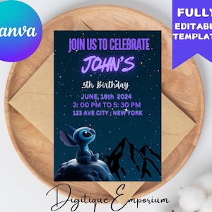 Stitch Editable Birthday Invitation Template, Printable Birthday Party Invitations, Digital Kids Party Invite, Digital Bday Card Invite