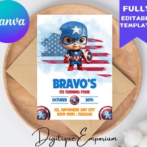 Convite de aniversário do Capitão América editável | Convite para festa de aniversário | Convite de super-herói | Convite de aniversário da Marvel | Modelo digital para meninos