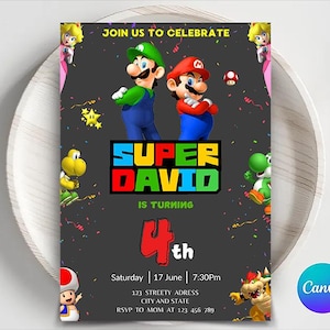 Bearbeitbare Super Mario Geburtstagseinladungsvorlage, Super Mario Bros Geburtstagseinladungen, Kinder Mario Party, druckbare Mario Geburtstagseinladung