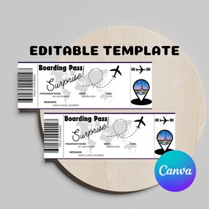 Editable Boarding Pass Canva Template, Printable Airline Ticket, Boarding Pass Surprise Trip, Digital Download DIY Boarding Ticket.