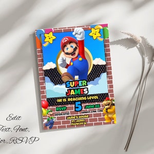 Modelo editável de convite de aniversário do Super Mario, convites de aniversário do Super Mario Bros, festa infantil do Mario, convite de aniversário do Mario para impressão