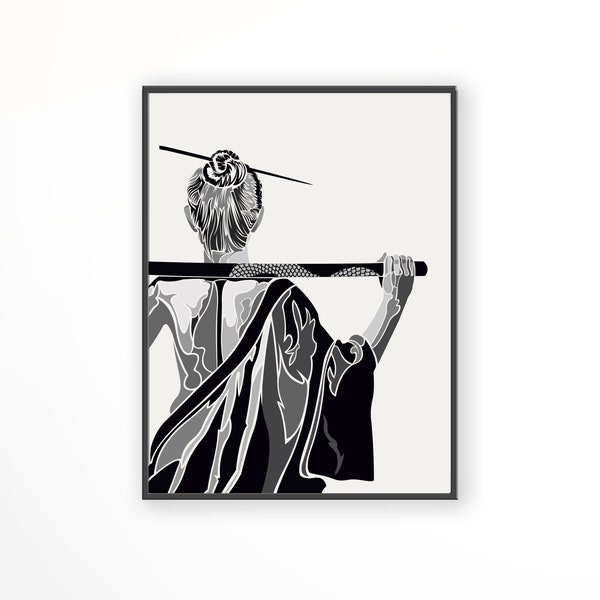 Samurai Girl wall art,  Samurai, Samurai art, Monochrome art, Girl art, Minimal Decor, Room art