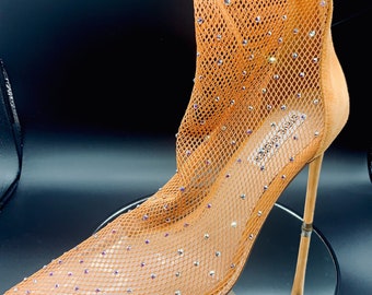 High Quality Crystal Embellished - Fish Net Tan Heels