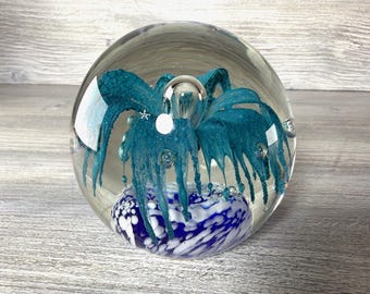 Vtg Crystal Paperweight Teal Flower Blue Ocean Water Cloud Controlled Bubbles 3"