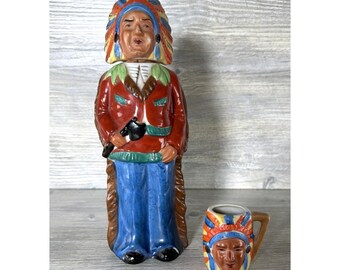 Juego de decantador y taza de licor con diseño de jefe indígena americano vintage, artículos de bar japoneses.