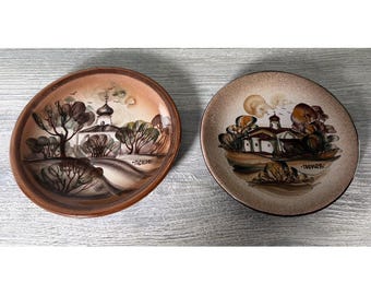 2 Vtg Pskov Potter Hand Painted Ceramic Plates Russian Orthodox Church Landscape
