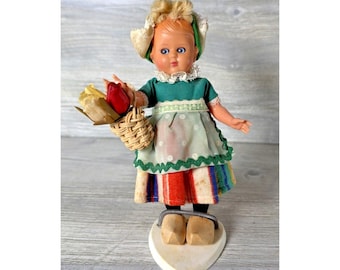 Vintage Dutch Holland Doll W/ Tulips Wooden Shoes & Stand Sleepy Eyes 7.5" Tall