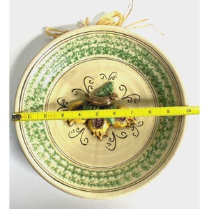 Puede incluir: Un plato decorativo de cerámica con base crema y borde con estampado verde. El plato presenta un diseño de fruta en relieve en el centro y mide aproximadamente 25 cm de diámetro.