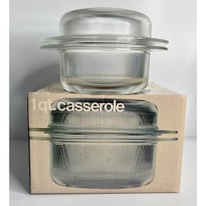 1975 HELLER Ovenware Clear Glass Ribbed 1 Qt Casserole & Lid USA by Vignelli NOS