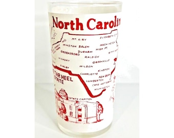 NORTH CAROLINA Hazel Atlas State Souvenir Frosted Glass Tumbler White & Red MCM