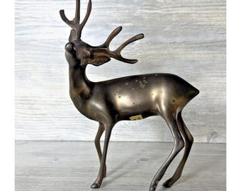 Figura vintage de latón de ciervo macho/reno MCM con astas de 6 puntas, 9" (23 cm), Corea