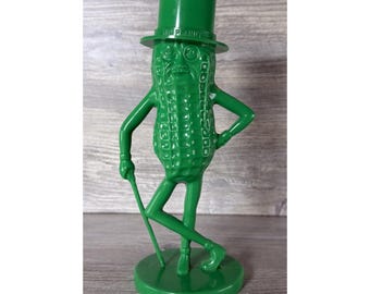 Hucha publicitaria vintage de Mr. Peanut, de plástico verde, de los años 50, fabricada en EE. UU., 21,5 cm de alto.