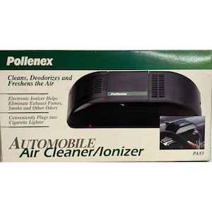 May include: A black Pollenex Automobile Air Cleaner/Ionizer box. The box features text that reads "Cleans, Deodorizes and Freshens the Air." It also states that it eliminates exhaust fumes, smoke, and other odors. The device conveniently plugs into a cigarette lighter.