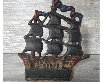 Vintage nautische zeilklipper schip zeilboot geschilderd metalen bibliotheek 5,75" hoog