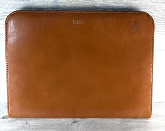 Cartella portadocumenti vintage in pelle di vacchetta pieno fiore con cerniera, valigetta NBC National