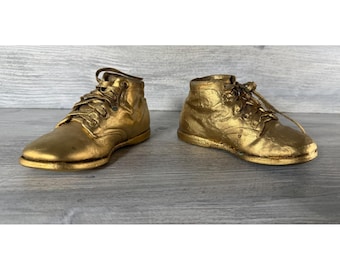 2 Vintage Gold Painted Real Baby Shoes Circa 1920's Memento Keepsake Child Tot
