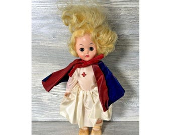 Vintage Miss Curity Nurse Doll 8" White Shoes Cape Blonde Hair & Sleepy Eyes