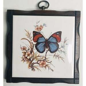 May include: Square wall art featuring a butterfly with blue and red wings, perched on a branch with flowers. The artwork is set within a dark brown wooden frame and includes a metal ring for hanging.