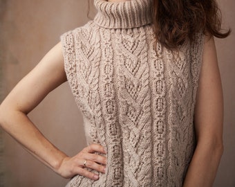 Handmade wool beige vest, turtleneck sleeveless sweter