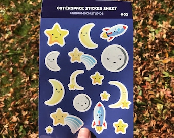 Cartela de Adesivos Espaciais | Cartela de Adesivos Kawaii | Adesivos de Estrelas | Adesivos Celestiais | Adesivos fofos para planners, decoração e muito mais!