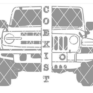 May include: A gray and white graphic featuring two off-road vehicles, a Ford Bronco and a Jeep, split vertically with the word "COEXIST" in the center. The design is a simple, line-art style.
