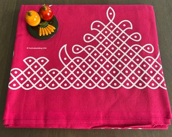 May include: A pink fabric backdrop with a white geometric design. The design features a series of interconnected circles and squares. The backdrop is folded and has a slight wrinkle in the fabric.