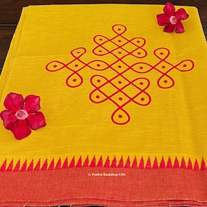 Narmada Yellow with Red Kolam Backdrop Fabric /Festive Decor/South Asian Decor/Indian Decor/Pooja Decor