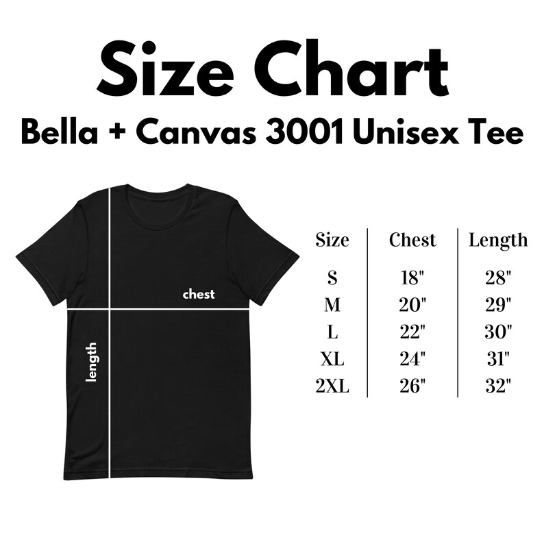 Puede incluir: Tabla de tallas para una camiseta unisex Bella + Canvas 3001, que muestra las medidas de pecho y largo en pulgadas para las tallas S, M, L, XL y 2XL.