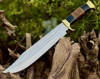 Handmade 1095 High Carbon Steel Bowie Knife, Buffalo Horn Handle, Leather Sheath