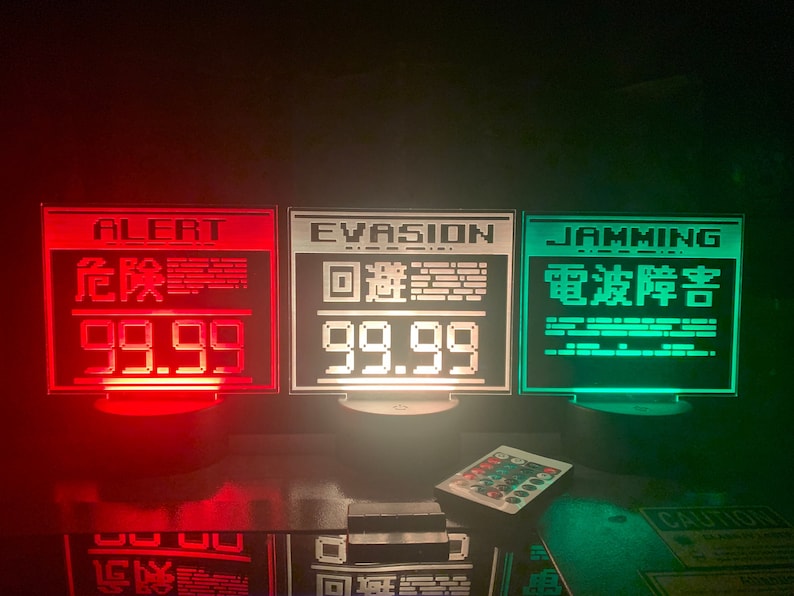 May include: Three red, white, and green LED light-up signs with the words "ALERT", "EVASION", and "JAMMING" in white text. The signs also have Japanese text and a digital display that reads "99.99".