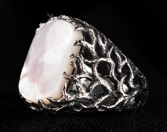 Handmade Sterling Silver Mother of Pearl Ring: Boho Statement Jewelry
