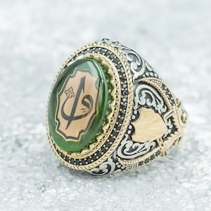 Letra Aleph impresa piedra preciosa verde hombres anillo de plata hecho a mano, anillos personalizados, anillos de caligrafía, anillo sultán, regalo islámico