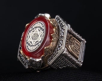 Secret Seal of Solomon Ring: Engraved Red Amber Gemstone, Star of David