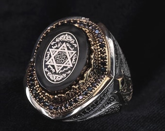 Engraved King Solomon Seal Mens Ring: Religious Star of David Silver Ring