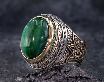 Green Tiger Eye Silver Mens Ring Unique Gift for Him Best Gift