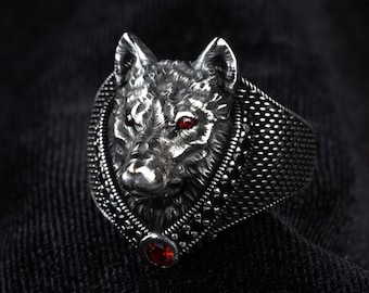 Sterling Silver Wolf Head Ring - Animal Jewelry for Men