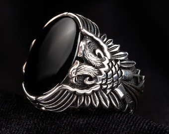 Black Onyx Eagle Ring: Handmade 925 Sterling Silver Statement Jewelry
