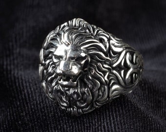 Sterling Silver Lion Head Ring - Handmade Animal Ring for Men