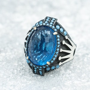 Anillo de plata hecho a mano con piedra preciosa aguamarina para hombre, anillo de piedra preciosa para hombre, anillo personalizado para hombre, regalo para él