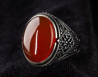 Yemeni Red Agate Ring for Men, Handmade 925 Sterling Silver