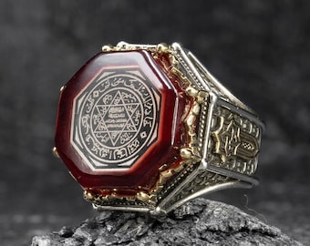 Anillo de plata de ley hecho a mano con el Sello de Salomón: gema de ámbar grabada.