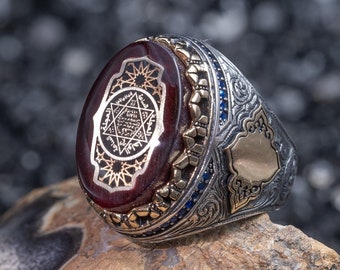 Handmade Sterling Silver Solomon Seal Ring: Engraved Amber Gemstone