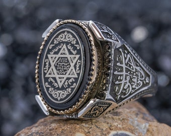Handmade Sterling Silver Seal of Solomon Ring: Black Amber Gemstone