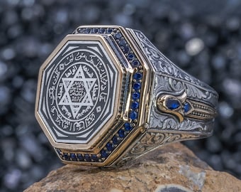Anillo con el Sello de Salomón grabado: Pentagrama con estrella judía hecho a mano